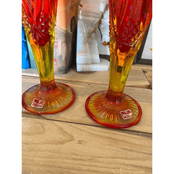 Two Vintage Viking Glass Amberina Bud Vase in Yesteryear Pattern Flared Scallope - Picture 6 of 9